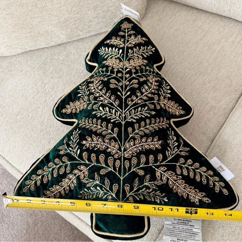 34th & Pine Elegant Embroidered Green Velvet Tree Pillow with Gold Accents